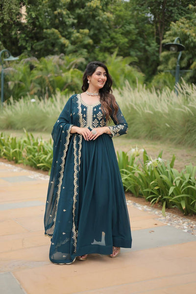 Stunning Faux Georgette Embroidered Rama Traditional Gown - women's fashion mart