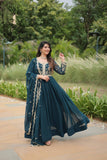 Stunning Faux Georgette Embroidered Rama Traditional Gown - women's fashion mart