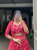 Luminous Pink Silk Floral Printed Jacket Lehenga Choli - women's fashion mart