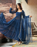 Breathtaking Navy Blue Georgette Anarkali Flared Gown With Dupatta - women's fashion mart