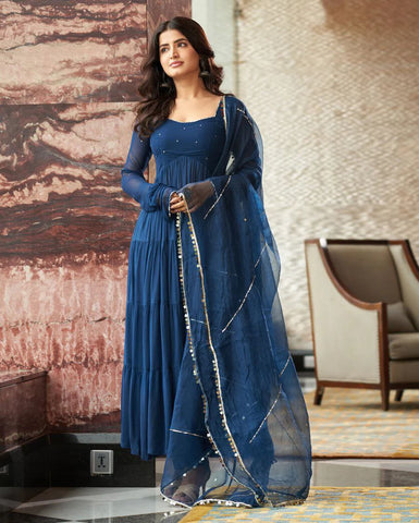 Breathtaking Navy Blue Georgette Anarkali Flared Gown With Dupatta - women's fashion mart