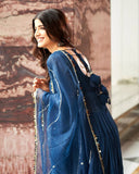 Breathtaking Navy Blue Georgette Anarkali Flared Gown With Dupatta - women's fashion mart
