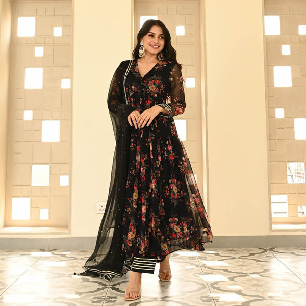Exquisite and Classic Black Floral Printed Georgette Anarkali Suit - women's fashion mart
