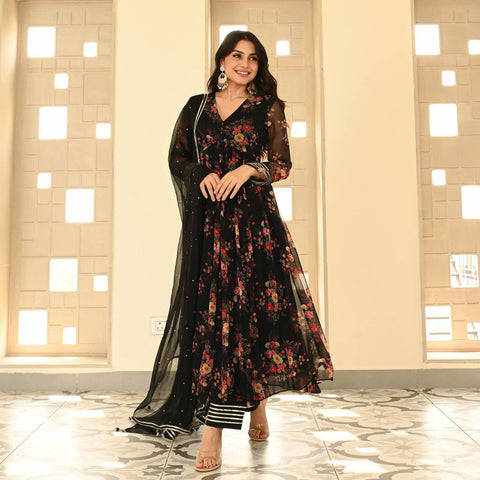 Exquisite and Classic Black Floral Printed Georgette Anarkali Suit - women's fashion mart