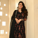Exquisite and Classic Black Floral Printed Georgette Anarkali Suit - women's fashion mart