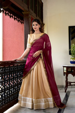 Captivating Cream Kanchipuram Zari Weaved Lehenga Choli - women's fashion mart