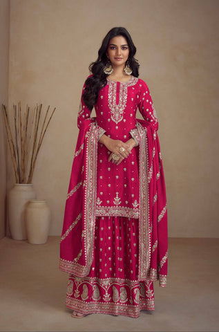Stunning Pink Colored Embroidered Chinon Sharara Suit - women's fashion mart
