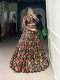 Magical Black Floral Printed Tussar Silk Lehenga Choli - women's fashion mart