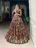 Magical Black Floral Printed Tussar Silk Lehenga Choli - women's fashion mart