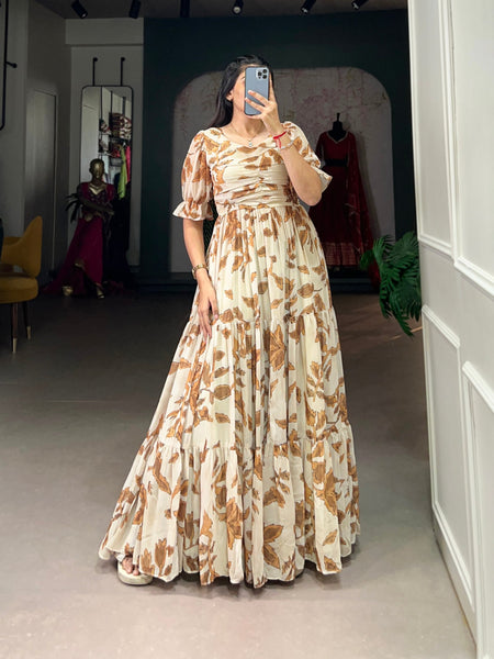 Phenomenal Beige and Brown Georgette Printed Gown Dress - women's fashion mart