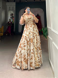 Phenomenal Beige and Brown Georgette Printed Gown Dress - women's fashion mart