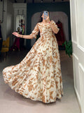 Phenomenal Beige and Brown Georgette Printed Gown Dress - women's fashion mart