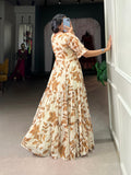 Phenomenal Beige and Brown Georgette Printed Gown Dress - women's fashion mart