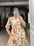 Phenomenal Beige and Brown Georgette Printed Gown Dress - women's fashion mart