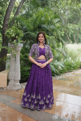 Purple Pure Embroidered Jacket Lehenga Choli - women's fashion mart