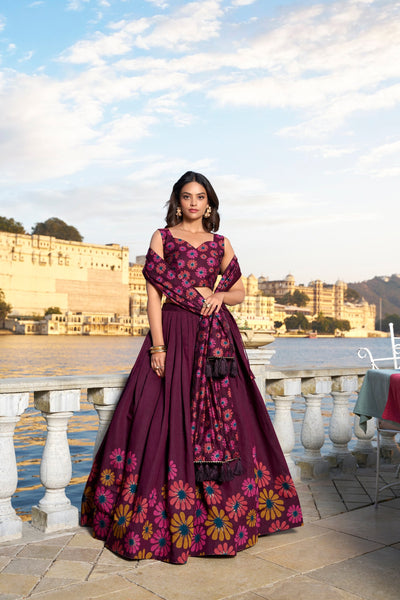 Magnificent Wine Tusshar Silk Floral Printed Lehenga Choli - women's fashion mart