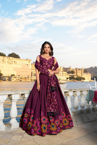 Magnificent Wine Tusshar Silk Floral Printed Lehenga Choli - women's fashion mart
