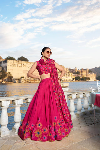 Precious Pink Tusshar Silk Floral Printed Lehenga Choli - women's fashion mart