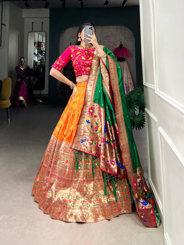Luxurious Orange Jacquard Paithani Zari Weaved Lehenga Choli - women's fashion mart