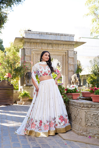 Fiery and Classic White Georgette Embroidered Lehenga Choli - women's fashion mart