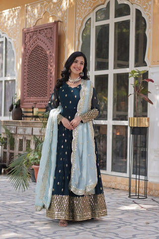 Designer Embroidered Georgette Teal Blue Gown - women's fashion mart