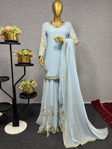 Beautiful Sky Blue Color Kurti With Sharara And Dupatta