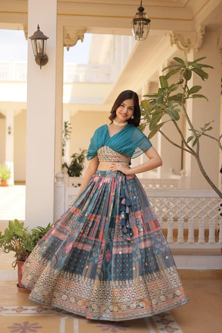 Ceremony Wear Russian Silk Sky Blue Color Lehenga