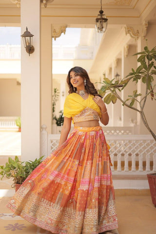 Ceremony Wear Russian Silk Yellow Color Lehenga
