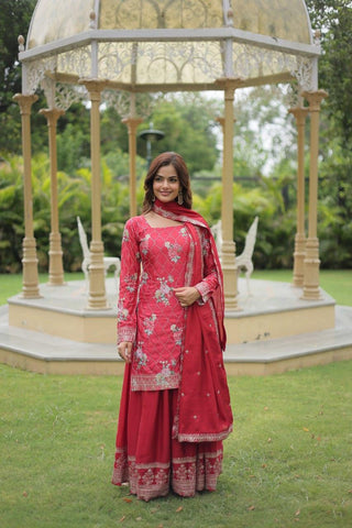 Peaceful Pink Color Chinnon Embroidered Work Sharara Suit