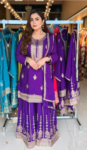 Party Wear Purple Color Top With Sharara Set