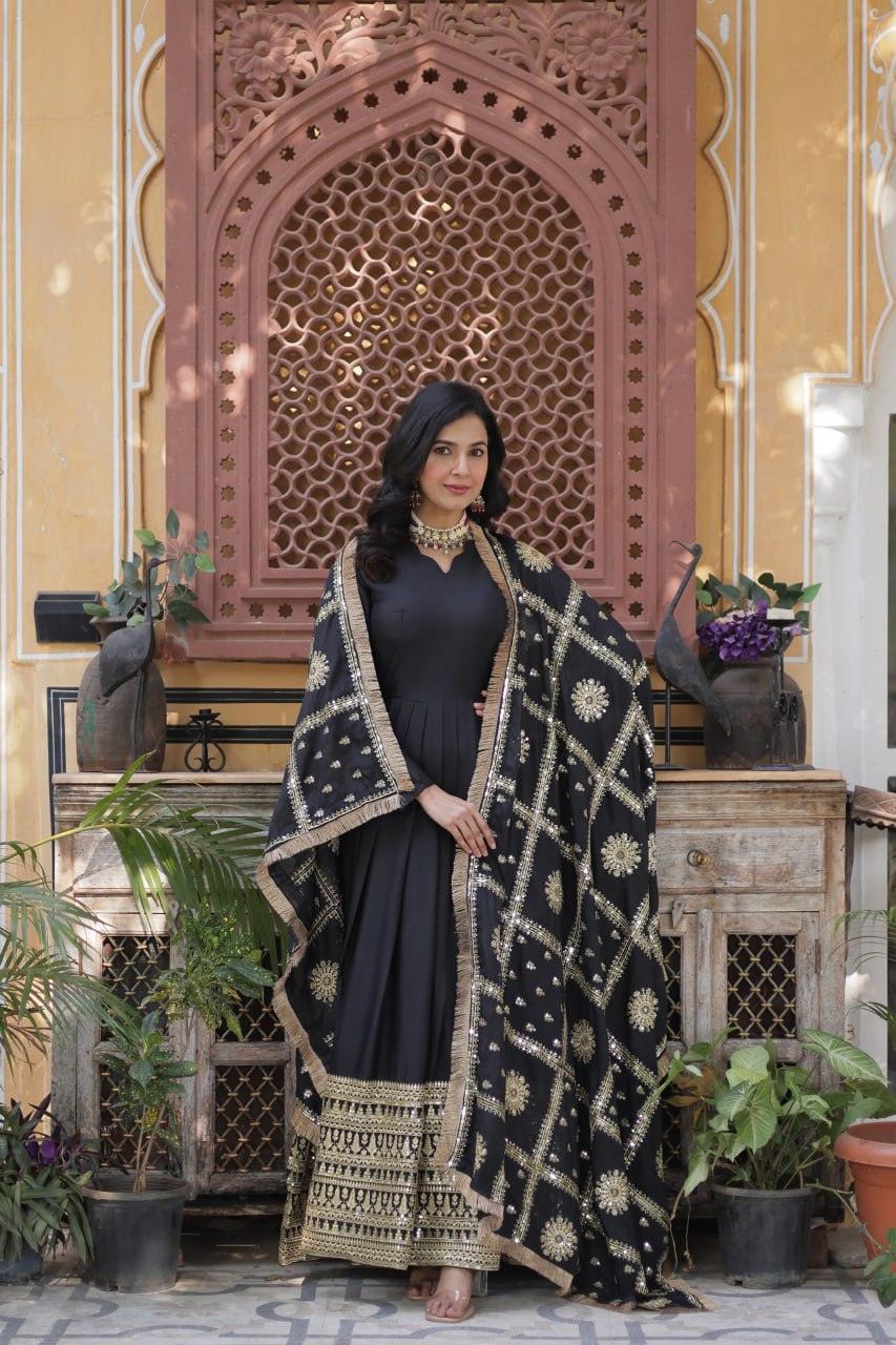 Presenting Embroidery Zari Sequins Work Black Color Gown With Dupatta