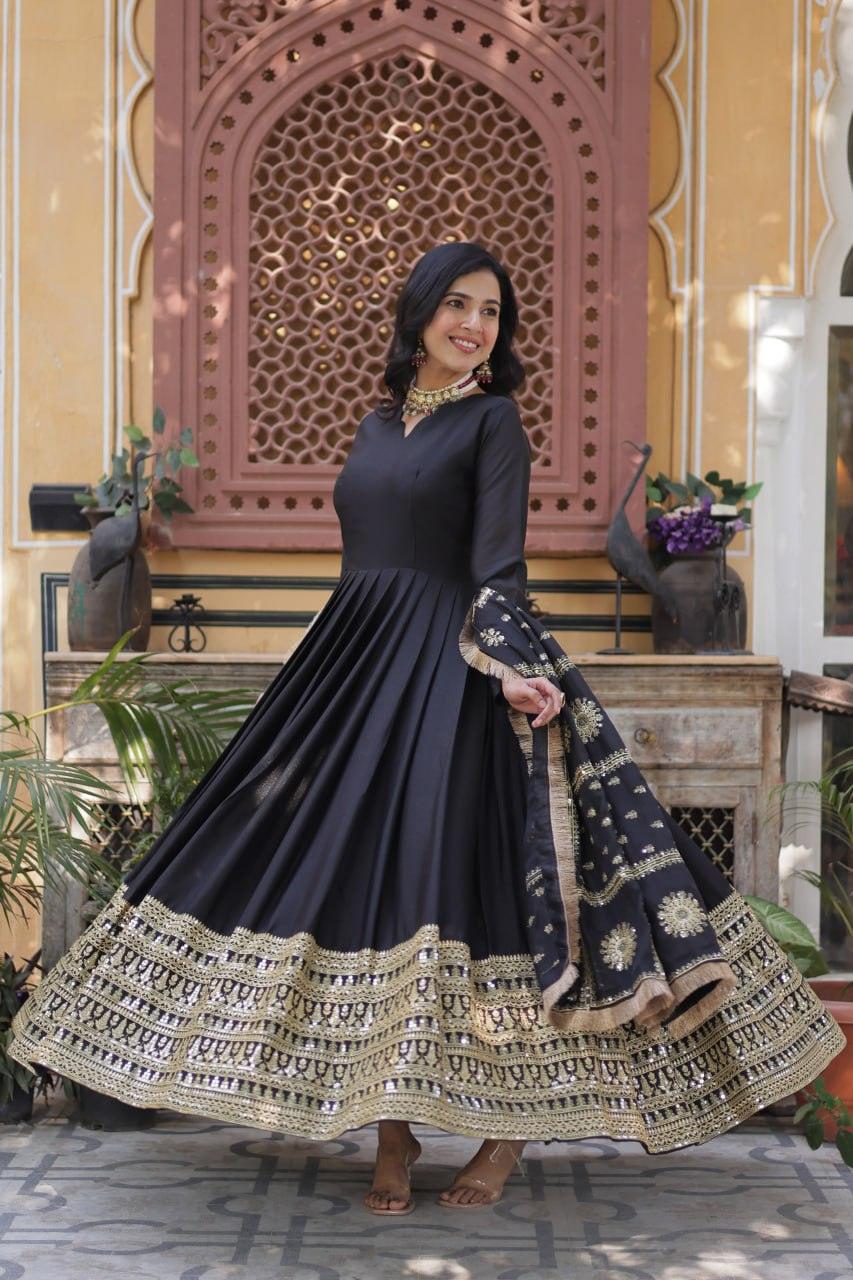 Presenting Embroidery Zari Sequins Work Black Color Gown With Dupatta