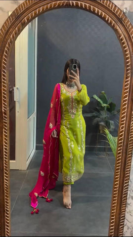 Good Looking Heavy Embroidery Sequence Work Green Color Salwar Suit