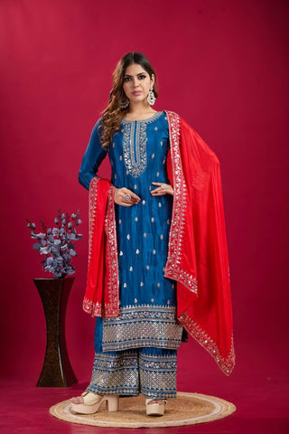 Delightful Embroidery Sequence Work Blue Color Sharara Suit