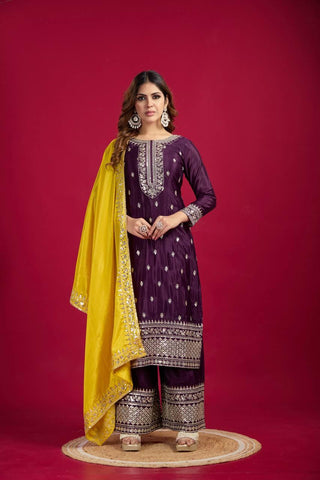 Delightful Embroidery Sequence Work Wine Color Sharara Suit