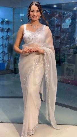 Decent Organza Silk Sequnce Work White Color Saree