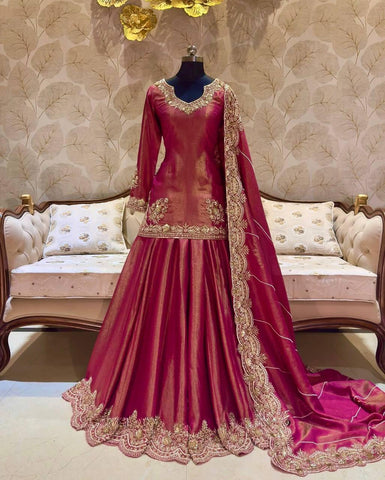 Wedding Wear Roman Silk Pink Color Top With Lehenga  women's fashion mart