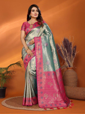 Classic Banarasi Silk Teal Blue & Pink Color Saree