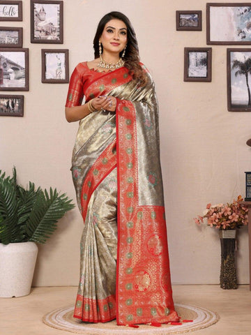 Classic Banarasi Silk Silver & Red Color Saree