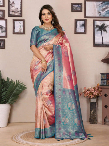 Classic Banarasi Silk Peach & Teal Blue Color Saree