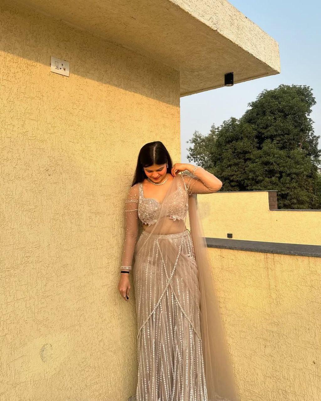 Glimmering Jari Work Silver Color Butterfly Net lehenga choli