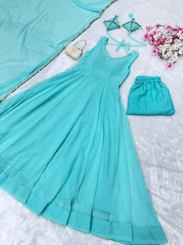 Wonderful Blue Color Hotfix Work Anarkali Gown