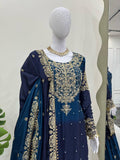 Glimmering Chinon Silk Double Shade Navy Blue Multi Color Sharara Suit