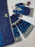 Glimmering Chinon Silk Double Shade Navy Blue Multi Color Sharara Suit