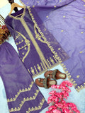 Demanding Crunchy Silk Purple Color Palazzo Suit