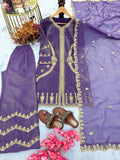 Demanding Crunchy Silk Purple Color Palazzo Suit
