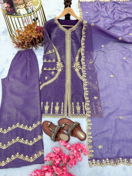 Demanding Crunchy Silk Purple Color Palazzo Suit