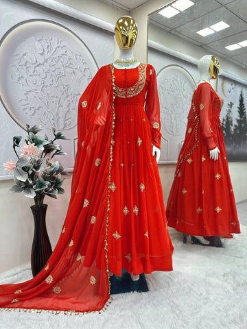 Wonderful Georgette Sequins Work Orange Color Gown