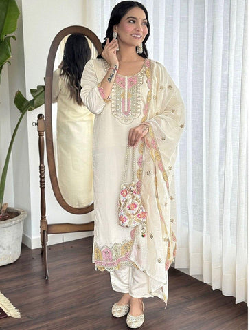 Awesome Roman Silk Embroidery Work White Color Salwar Suit