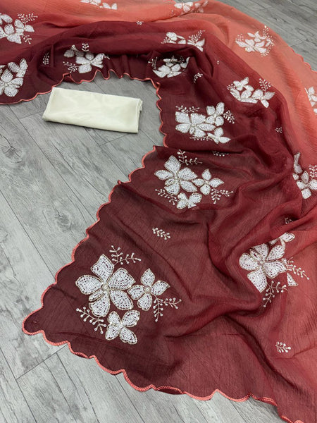 New Partywear Shaded Crunchy Silk Saree with Dual Sequin Work & Satin Silk Blouse  women's fashion mart